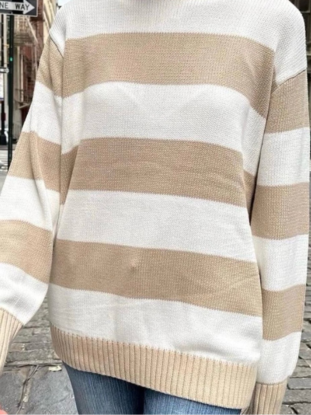 Brandy Melville Cream and Beige Wide-Stripe Crew Sweater